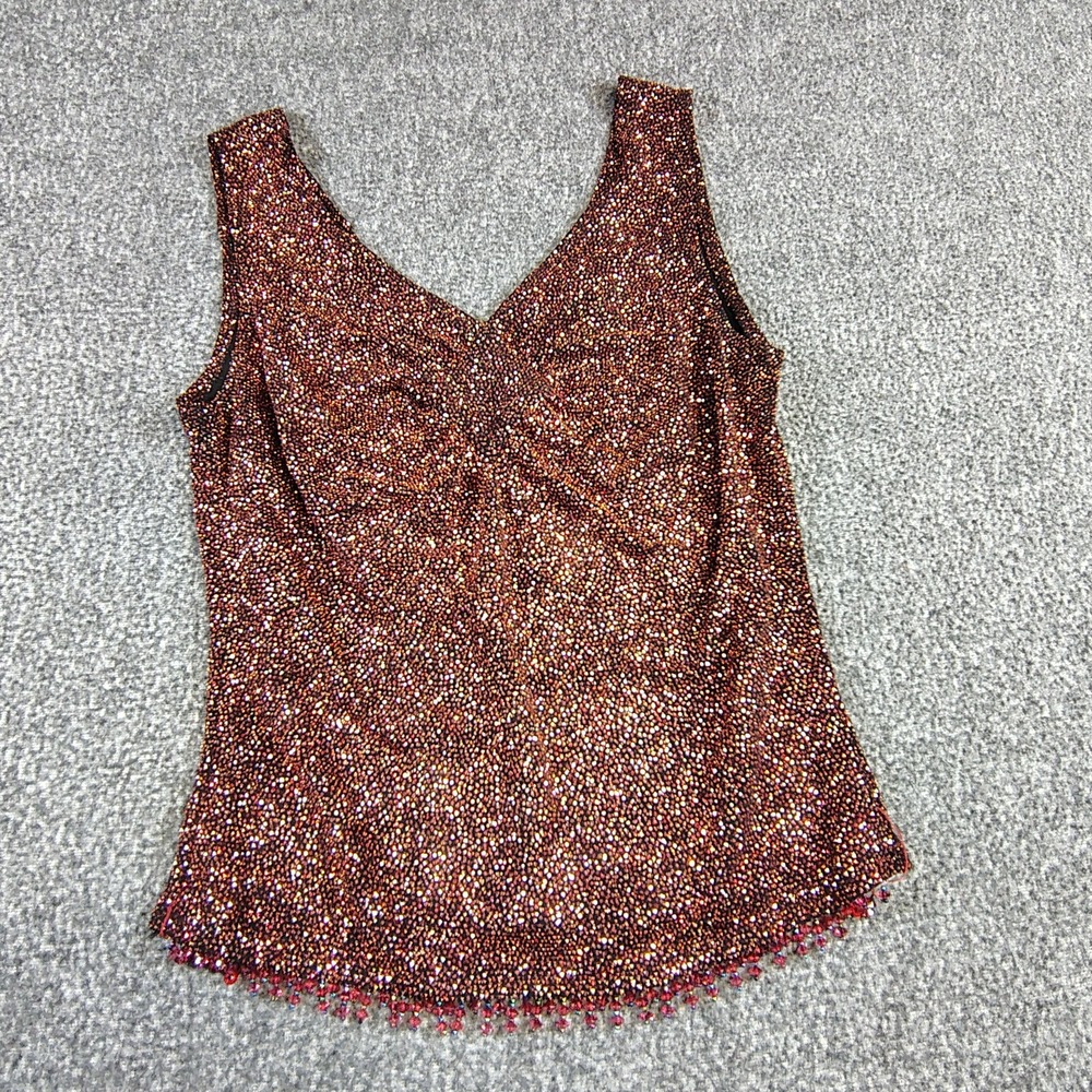 Y2K Vintage Copper Iridescent Sequin Beaded Hem V-Neck Tank‎ Top Large